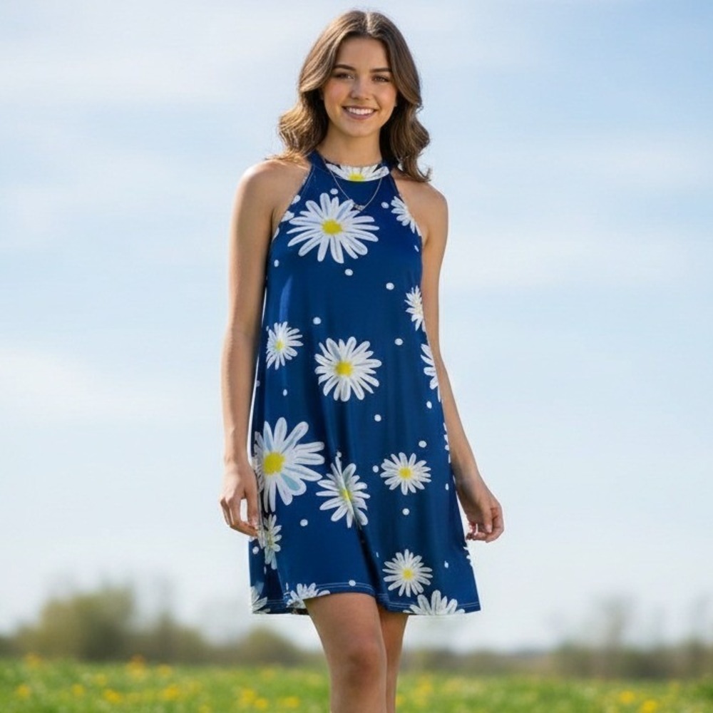Beyond This‎ Plane Dress Womens Sz Large Floral Sleeveless Sundress Stretch Blue